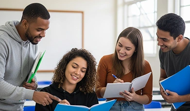 Estudante sorrindo com livros, representando o EJA Ensino Médio